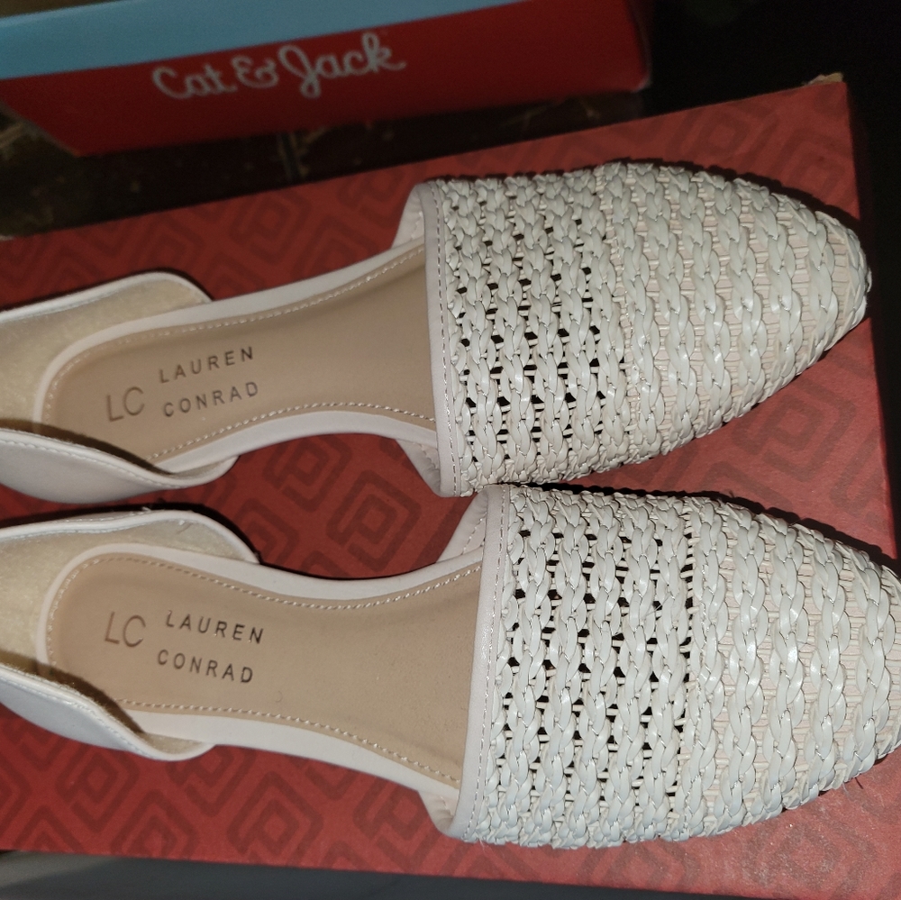 Size 6 womens, size 4 kids, Cream Lauren Conrad slip on sandal flats